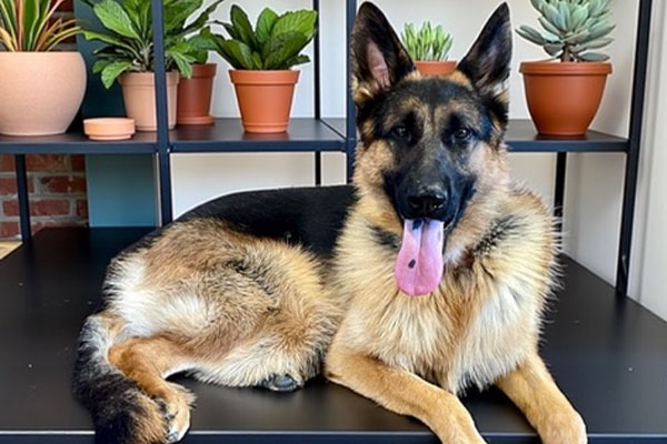 A German Shepherd with its tongue out lies on a black table, with potted plants on shelves in the background.