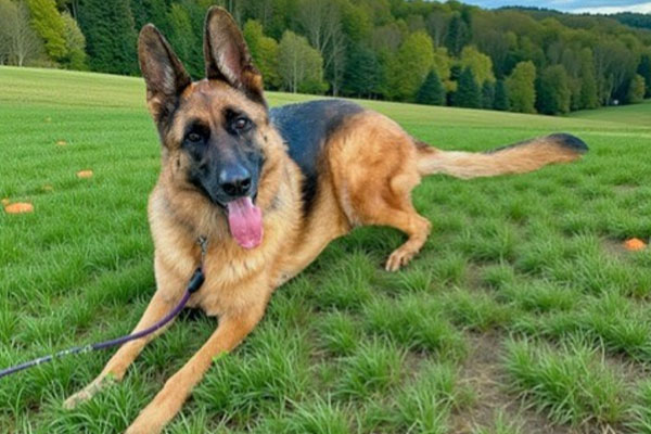 A German Shepherd dog with tongue out stretches on green grass in a field with trees in the background.
